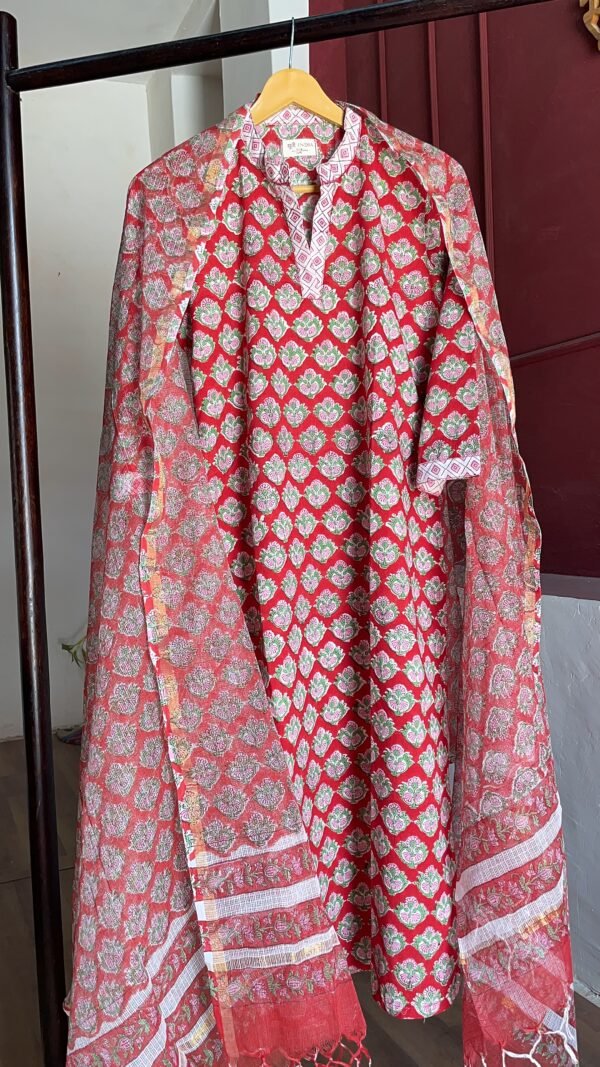 Gulnaar - Red Handblock Kota Doriya 3-Piece Suit Set