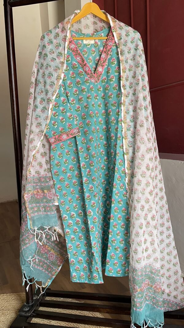 Teal Blossom - Handblock Printed Kota Doriya 3-Piece Suit Set